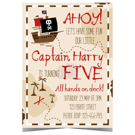 Photo for Pirate party invitation for children's birthday. Vector postcard, banner or poster with a pirate ship and Jolly Roger flag on parchment, inviting boys and girls to have fun with the captain at sea. - Royalty Free Image