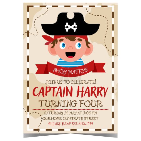 Photo for Pirate party invitation with the cartoon captain in a hat inviting boys and girls to a sea adventure. Vector illustration of banner or poster for children's birthday celebration in cheerful ambiance. - Royalty Free Image