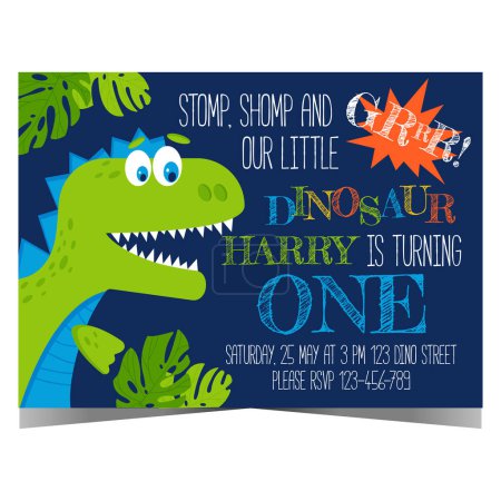 Photo for Dinosaur party invitation poster or banner for children's birthday. Vector illustration with funny cartoon dino inviting boys and girls to celebrate anniversary in happy and cheerful ambiance. - Royalty Free Image