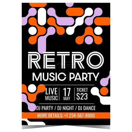 Photo for Music party invitation in old retro style with abstract elements on a black background. Vector leaflet, flyer, poster or banner for a disco dance show or entertainment event at night club. - Royalty Free Image