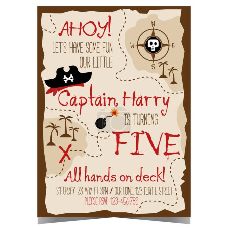 Photo for Children's birthday party invitation template. Little captain is inviting friends, boys and girls on a journey for the treasure hunt. Get ready to have some fun in a quest using the parchment map. - Royalty Free Image