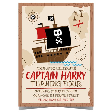 Photo for Children's birthday party invitation in pirate style with a ship and Jolly Roger flag on parchment map. A little captain celebrates his anniversary and invites the kids on a sea journey. - Royalty Free Image