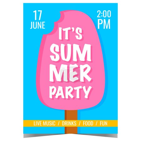 Photo for Summer party design template with ice cream on a popsicle stick. Flat vector illustration for invitation, banner, flyer or poster suitable for summertime entertainment and relaxing events or vacation. - Royalty Free Image