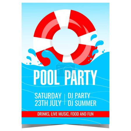 Photo for Pool party invitation banner or poster with red white inflatable lifebuoy on blue swimming pool waves with splashes. Flat vector illustration for summer entertainment event, birthday celebration. - Royalty Free Image