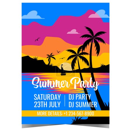 Photo for Summer party invitation for exotic and tropical entertainment event. Vector poster, banner or flyer with bright sunset, palm trees, hills, birds in the colourful sky and sailboat at sea. - Royalty Free Image