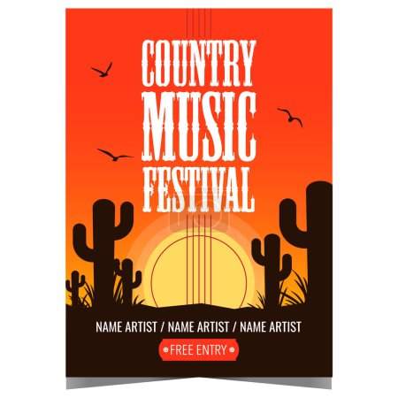 Country music festival invitation poster with cacti in the desert against a sunset background. Banner or flyer for western traditional concert or live event with ballads, dance tunes and folk lyrics.