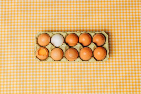 Téléchargez les photos : Dix œufs de poulet dans une boîte à œufs en carton sur une nappe à carreaux, vue du dessus - en image libre de droit