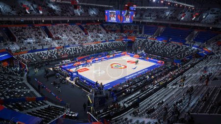Photo for Jakarta, Indonesia - Sept 02, 2023 : Top view of Indonesian basketball court, arena full of spectators watching the match - Royalty Free Image