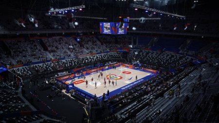 Photo for Jakarta, Indonesia - Sept 02, 2023 : Top view of Indonesian basketball court, arena full of spectators watching the match - Royalty Free Image