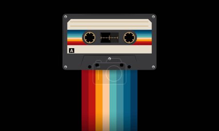 Illustration for Retro musiccasette with retro colors eighties style, cassette tape, vector art image illustration, mix tape retro cassette design, Music vintage and audio theme,  Synthwave and vaporwave template - Royalty Free Image