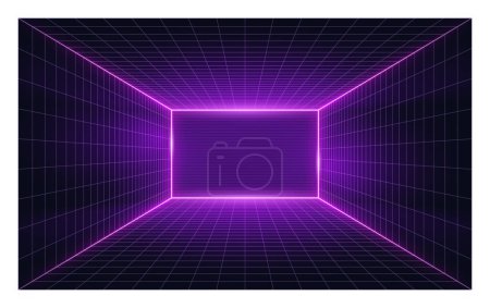 Photo for Synthwave wireframe net illustration. Abstract digital background. 80s, 90s Retro futurism, Retro wave cyber grid. Deep space surfaces. Neon lights glowing. Starry background. Vector 3D Rendering - Royalty Free Image