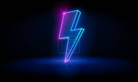 Photo for Vector energy lightning bolt logo neon style for electric power logo, wireless charging, ui, poster, t shirt. Thunder symbol. 3d render, lightning, electric power symbol, retro neon glowing sign, ultraviolet light, electric lamp - Royalty Free Image