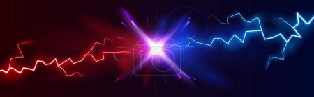 Lightning collision red and blue background, versus banner. Powerful colored lightnings and the flash from the collision. Confrontation concept, competition vs match game. Versus battle. Vector 