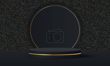 Photo for 3D abstract studio room with pedestal podium. black geometric platform with golden glitter in rectangle shape backdrop. Luxury scene for demonstration of cosmetic products, Showcase, Promotion display - Royalty Free Image