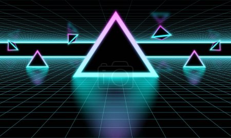 Photo for Synthwave wireframe net illustration. Abstract digital background. 80s, 90s Retro futurism, Retro wave cyber grid with glowing triangles. Deep space surfaces. Neon lights glowing. Starry background. Vector 3D Rendering - Royalty Free Image
