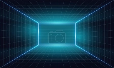 Photo for Empty futuristic digital box room vibrant color background with white grid space line color surface. Network cyber technology. banner, cover, terrain, sci-fi, wireframe, and related to background.Synthwave wireframe net illustration. - Royalty Free Image