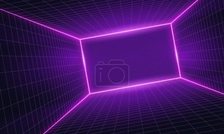 Empty futuristic digital box room vibrant color background with white grid space line color surface. Network cyber technology. banner, cover, terrain, sci-fi, wireframe, and related to background.Synthwave wireframe net illustration.