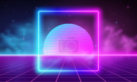 Photo for Synthwave wireframe net illustration with smoke or fog. Neon square frame. Abstract digital background. 80s, 90s Retro futurism, Retro wave cyber grid. Sunset deep space surfaces. Neon lights glowing. Starry background. - Royalty Free Image