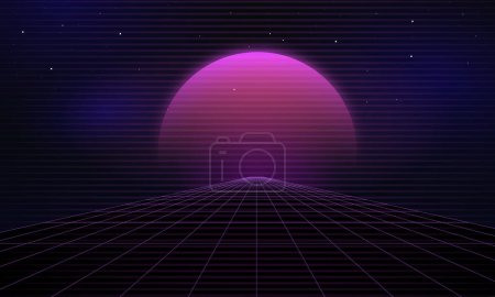 Photo for Retro background futuristic landscape 1980s style. Digital retro cyber surface. 80s party background . Retro 80s fashion Sci-Fi Background Summer Landscape. Retro cyberpunk style 80s Sci-Fi. 3D illustration. Grid landscape, retrofuturism style - Royalty Free Image