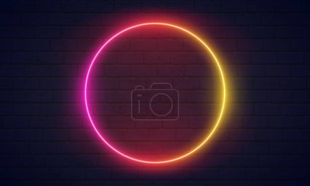 Illustration for Round neon frame Pink and Blue colors at purple brick wall background. Glowing neon frame in retro 80s - 90s style. Colored neon sign with empty space. Futuristic Sci Fi Modern Neon Gradient Glowing Frame on Dark Empty Grunge Concrete Brick wall - Royalty Free Image