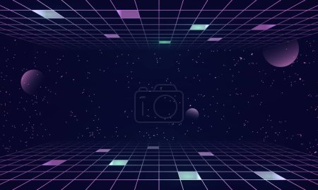 Photo for Synthwave wireframe net illustration. Abstract digital background. 80s, 90s Retro futurism, Retro wave cyber grid. Top and bottom surfaces. Neon lights glowing. Starry background. 3D Rendering - Royalty Free Image
