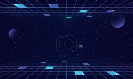 Photo for Synthwave wireframe net illustration. Abstract digital background. 80s, 90s Retro futurism, Retro wave cyber grid. Top and bottom surfaces. Neon lights glowing. Starry background. 3D Rendering - Royalty Free Image