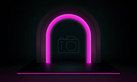 Photo for 3d render, abstract modern led glow neon background. Shiny frame with copy space. Glowing round arch over square podium, empty performance stage, blank platform for product displaying - Royalty Free Image