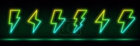 Neon lightning flash icon. Glowing neon thunder bolt sign, electrical discharge in vivid colors. Bright thunderbolt, electric storm, energy, power, recharge, high voltage. Icon set, sign, symbol for UI. Vector illustration
