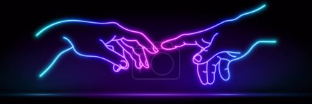 Illustration for Hands going to touch together, look like the Michelangelo's art work. Cyberpunk and vaporwave style collage. Glowing neon lighting on dark background with copy space. Illuminate frame design.Nightly brick wall. Purple brick wall background - Royalty Free Image