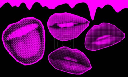 Punk y2k collage elements. Lips in halftone treatment. Retro magazine clippings. Mouth on yellow background. Collage mouth set with grunge elements. Halftone lips for banner, graphic, poster. Vector set of scream, kiss, smile, tongue, open mouth.