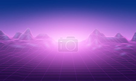 Illustration for Synthwave wireframe net illustration. Abstract digital background. 80s, 90s Retro futurism, Retro wave cyber grid. Deep space surfaces. Neon lights glowing. Starry background. Vector 3D Rendering - Royalty Free Image
