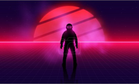 Photo for Neon glowing retro Astronaut Spaceman Background Design. Synthwave wireframe net illustration. Abstract digital background. 80s, 90s Retro futurism, Retro wave cyber grid. Deep space surfaces. Neon lights glowing starry background. Vector rendering - Royalty Free Image
