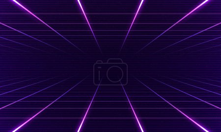 Illustration for Synthwave wireframe net illustration. Abstract digital background. 80s, 90s Retro futurism, Retro wave cyber grid. Top and bottom surfaces. Neon lights glowing. Starry background. Vector 3D Rendering - Royalty Free Image