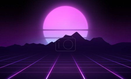 Illustration for Synthwave wireframe net illustration with mountain landscape. Abstract digital background. 80s, 90s Retro futurism, Retro wave cyber grid. Top and bottom surfaces. Neon lights glowing. Starry background. Vector 3D Rendering - Royalty Free Image