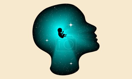 Ilustración conceptual psicológica infantil interna con silueta de cabeza humana con una silueta infantil dentro de ella. Ilustración vectorial. Cielo estrellado dentro de la cabeza humana con embrión infantil