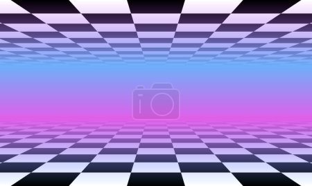 Photo for Retro vector pattern with black and white checkered floor, vaporwave aesthetics, pastel colors. Chess board vintage style. Surreal vaporwave with a checkerboard floor. Vintage style retro background - Royalty Free Image