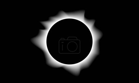 Ilustración de Eclipse total del sol. Vector. Corona solar durante un eclipse total en color blanco negro, brillo alrededor de un círculo negro, espacio para el texto, estilo mínimo - Imagen libre de derechos
