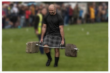 Photo for Stirling, Scotland, UK - August 19th 2023 - Strongman wearing a kilt carrying weights at the Stirling Higland Games - Royalty Free Image