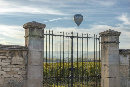 Hot air baloon floats over the vineyards of Burgundy in Autumn
