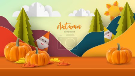 Illustration for Autumn abstract background studio table, product display with origami trees and hills. - Royalty Free Image