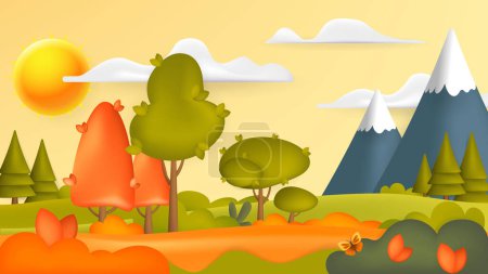 Illustration for Autumn countryside landscape with yellow, red trees in 3d style. Vector illustration. Fall scene, october field with yellowing trees. - Royalty Free Image