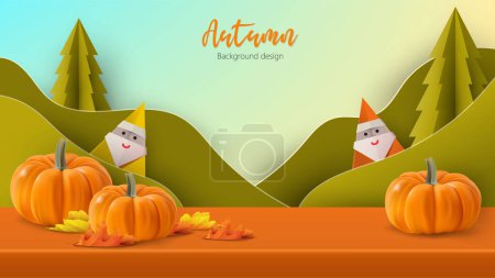 Illustration for Autumn abstract background studio table, product display with origami trees and hills. - Royalty Free Image
