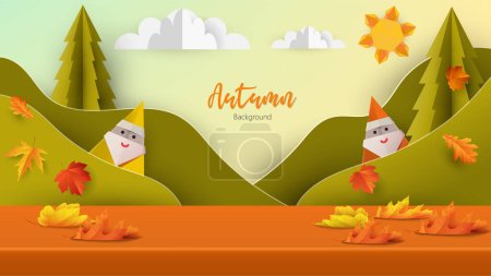 Illustration for Abstract banner Autumn abstract background studio table, product display with origami trees and hills.falling autumn leaves and color of autumn background - Royalty Free Image