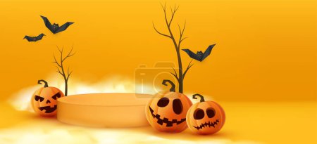 Téléchargez les illustrations : Podium thème Halloween pour vos objets. Illustration vectorielle avec des citrouilles effrayantes. - en licence libre de droit