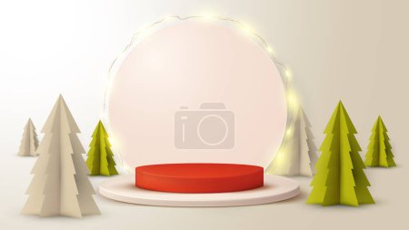 Illustration for Empty stage with red christmas tree and white podium. 3 d rendering - Royalty Free Image