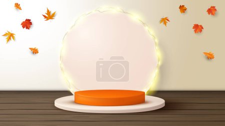 Illustration for Autumn round podium with a wooden floor and falling leaves. 3d  vector illustration. - Royalty Free Image