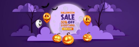 Illustration for Halloween Sale Promotion Poster template with Product display stage. Halloween pumpkins and Ghost Balloons - Royalty Free Image