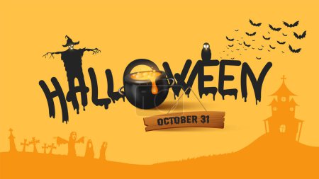 Illustration for Halloween Background with trendy leaking Halloween fonts and realistic cauldron - Royalty Free Image