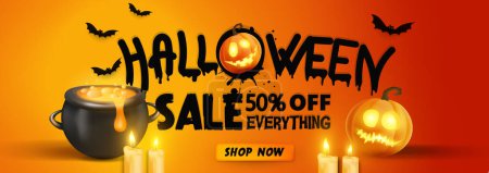 Téléchargez les illustrations : Halloween vente fond vectoriel avec des éléments de style de rendu 3d. - en licence libre de droit