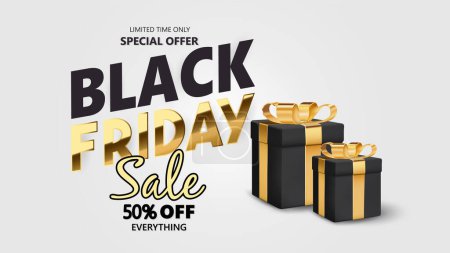 Téléchargez les illustrations : Black Friday Gold Font et Black Gift Box, Discount Sale Promotion Background. Conception vectorielle. - en licence libre de droit
